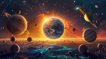 A Colorful Cosmic Sunrise With Planets and Stars