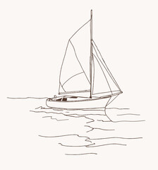 Adobe Illustrator ArtworkSailboat in the sea, summer adventure, active vacation. Seagoing vessel, marine ship or nautical caravel. water transport in the ocean for sailor and 