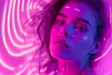 Portrait of a young woman with the luminous circles on the background, isolated on purple


