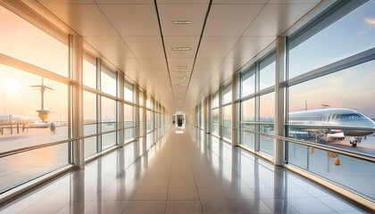 a blurred airport corridor background showcasing a modern, sleek interior with glass walls