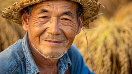 Close-up portrait of a smiling farmer with a straw hat.