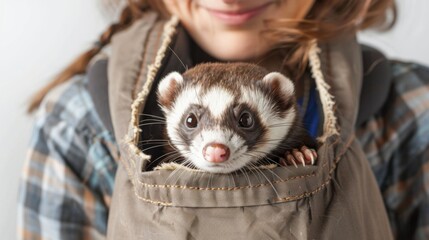 Woman with Ferret Peeking Out of Bag for Pet Care and Lifestyle Advertising