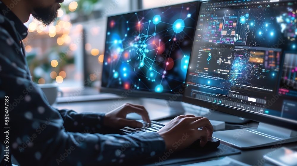Poster Data science business intelligence Business man using computer devices with internet global network technology and big data cloud computing AI software development digital technology : Generative AI