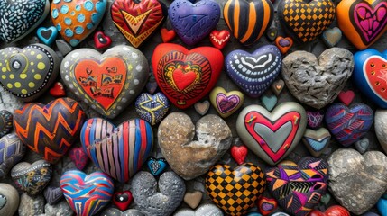 Colorful stones patterned with heart drawings and textures, symbolizing love and creativity