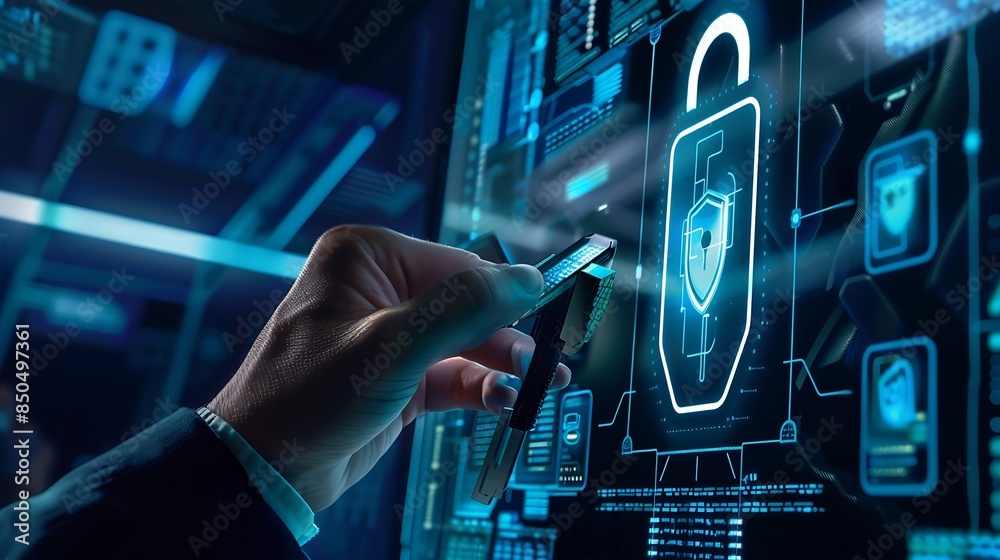 Fototapete Cyber security and data protection Businessman using  digital device protecting business data on network connection Security encryption of padlock and cybernetics Smart solution from c : Generative AI