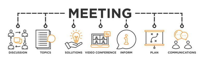 Meeting banner web icon vector illustration for business meeting and discussion with communications, topics, solutions, plan, inform and video conference icon