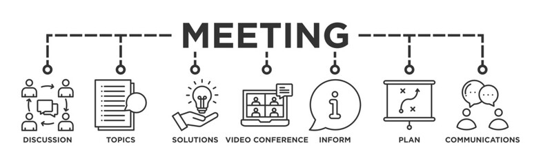 Meeting banner web icon vector illustration for business meeting and discussion with communications, topics, solutions, plan, inform and video conference icon