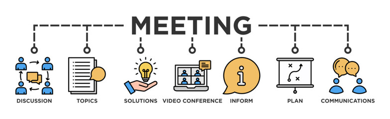 Meeting banner web icon vector illustration for business meeting and discussion with communications, topics, solutions, plan, inform and video conference icon