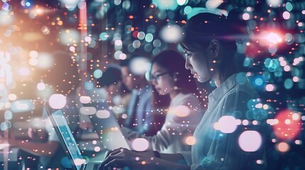 Image of data processing over diverse business people using laptop global business and digital interface concept digitally generated image : Generative AI