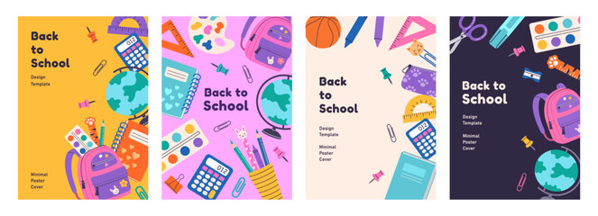 Set of trendy minimal school posters with school supplies and typography. Back to school, study concept. School background, cover, banner, flyer design. Template for advertising, web, social media.