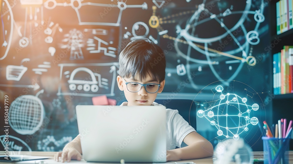Poster human with technology internet learning and study online class webinar technology elearning online e
