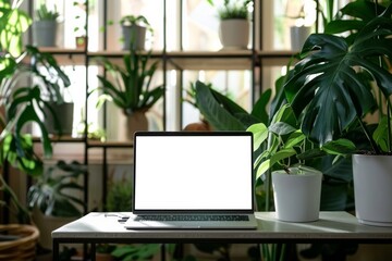 Fototapeta premium Modern Home Office Workspace with Laptop and Indoor Plants