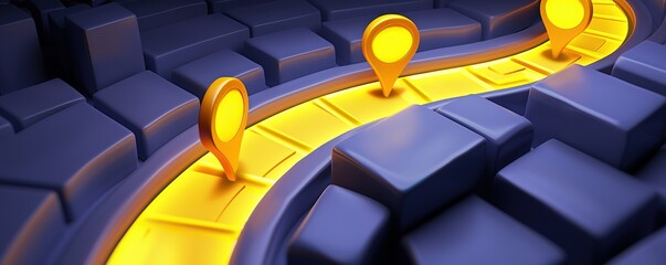 Illustration of three yellow map pins on a yellow line with a pile of purple cubes around them