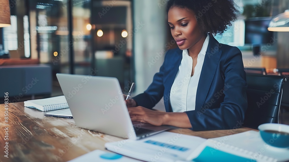 Aufkleber Young African American business woman sitting at working desk in office using laptop computer browsing online banking website updating personal details and taking notes in notebook : Generative AI