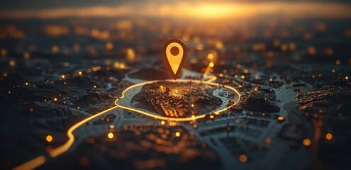 A yellow line on the map shows the area with the map pin on a sunset background