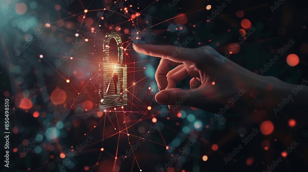 Poster Cyber security Hand hold digital padlock Login verified identity credentials on network of data protection technologyOnline internet authorized access against cyber attack and business : Generative AI