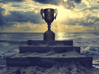 A trophy signifies triumph, resting on wooden steps leading into a tranquil sea beneath a cloudy sky,a sense of accomplishment on nature’s calmness background