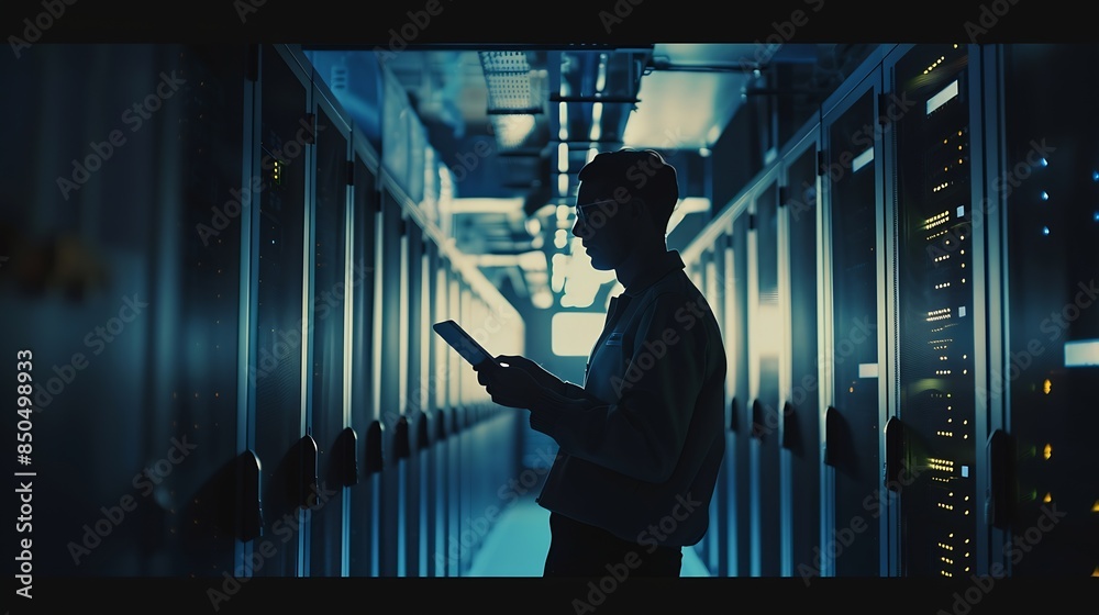 Fototapete Man tablet and server room programming or coding for cybersecurity information technology and data protection backup Happy engineering person on digital software and hardware solution  : Generative AI