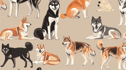 Fototapeta premium A playful array of Shiba Inu dogs in different stances set against a light beige background, perfect for playful decor themes