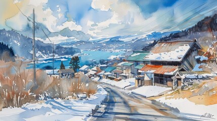 A picturesque watercolor painting of a snowy village with houses, trees, and distant hills under a blue sky