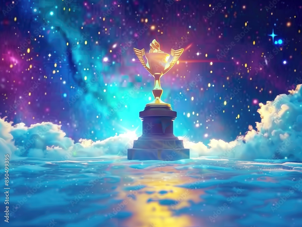 Wall mural trophy on a display stand in shadow on a sky background with fluffy clouds, stars and the universe,w