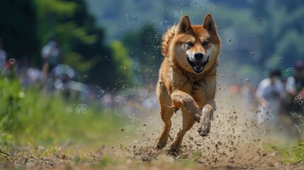Naklejka premium A dynamic photograph of a dog enthusiastically racing through dusty countryside terrain, kicking up dirt