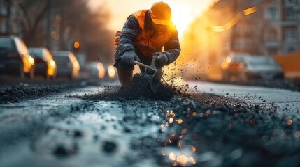 A highway construction worker is putting in tremendous effort while working under the scorching sun
