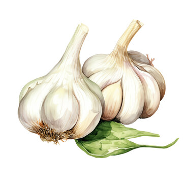 Watercolor illustration of two garlic bulbs with green leaves. Ideal for culinary, natural health, and cooking related projects.