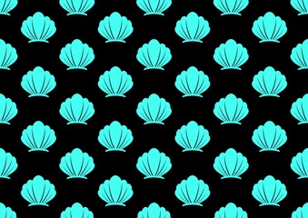 Pattern with clams. Pattern with shells. Shellfish in the ocean. Shells in the sea. Blue seashells on a black background. Summer time, entertainment and rest