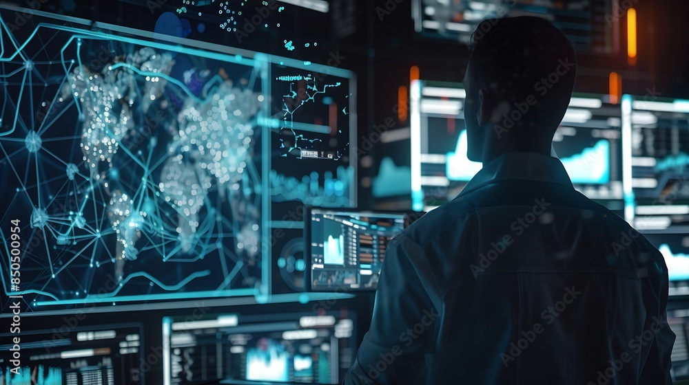 Poster Big data analytics with AI technology Data analyst analyzing and visualizing complex information network with artificial intelligence Machine learning algorithm for business analytics  : Generative AI