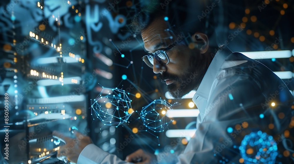 Fototapete Data science business intelligence Business man using computer devices with internet global network technology and big data cloud computing AI software development digital technology : Generative AI
