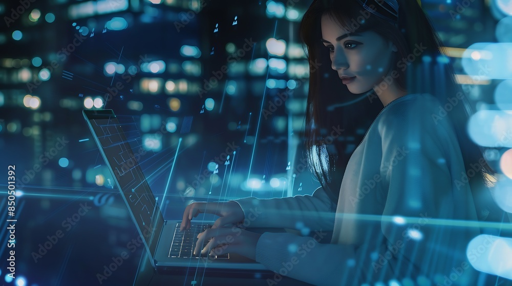 Poster Cyber security internet and Personal online systems high security login screen concept Business women use laptop login to Personal data online secure access to users personal informati : Generative AI