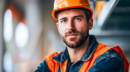 A construction worker wearing an orange hard hat and vest looks directly at the camera