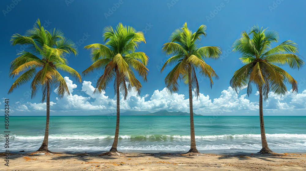 Poster a beautiful beach scene with four palm trees and a body of water - Posters