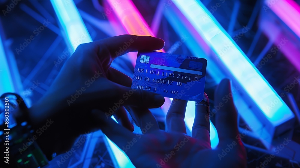 Poster Cropped hands image in criminal anonymous male approaching credit card of personal information database for codding encryption scam program in privacy system at night at blue neon ligh : Generative AI