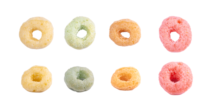 set of cornflakes fruity loops colorful hoops children's breakfast isolated separate