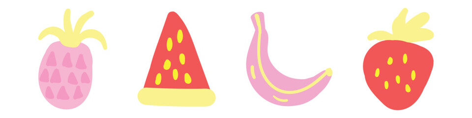 fruit clipart set illustration. pineapple, watermelon, banana, strawberry. Illustration of fresh fruit — hand-drawn vector elements. Healthy natural vitamin food.