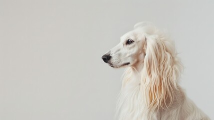 Profile of a majestic Afghan Hound with luscious white fur, exuding grace and nobility
