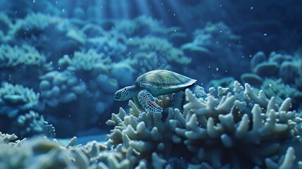 Fototapeta premium Image for 3d floor Underwater world Turtle corals : Generative AI
