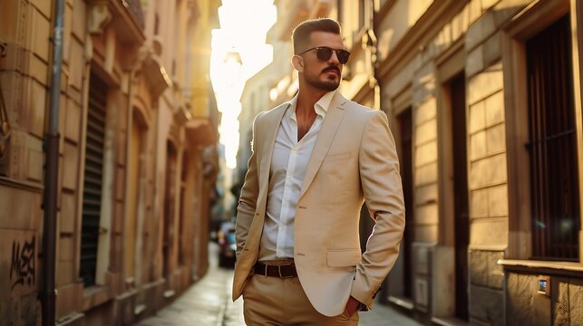 Handsome confident stylish hipster lambersexual modelSexy modern man dressed in elegant beige suit Fashion male posing in the street background in Europe city at sunset In sunglasses : Generative AI