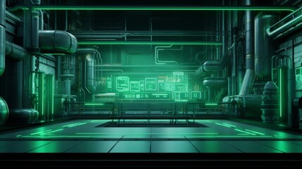 A futuristic science fiction control room with digital screens and a green color scheme