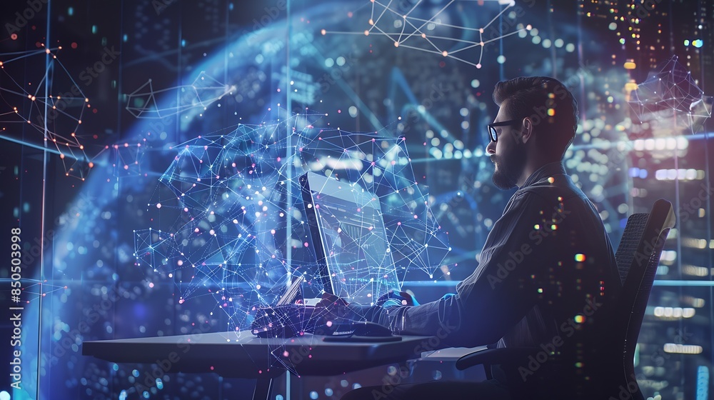Poster Data science business intelligence Business man using computer devices with internet global network technology and big data cloud computing AI software development digital technology : Generative AI