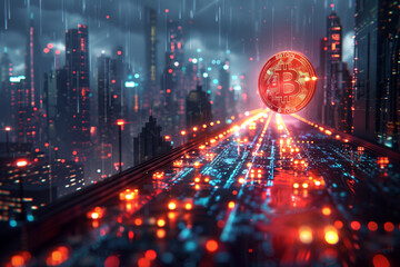 A Bitcoin coin floating in a digital galaxy, surrounded by stars and binary code.