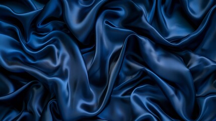 Fototapeta premium Navy blue silk satin Silky shiny fabric Dark luxury background with space for design Banner Wide Long Panoramic Template Empty Flat lay top view table BeautifulElegantBirthdayChristmas : Generative AI