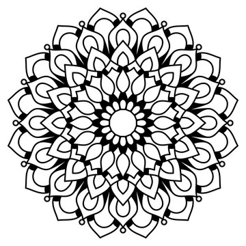 recommend clip art: Floral mandala with line, circular shape, drawing of botanical theme, for coloring book page, ornament, decoration, tattoo, wallpaper, background, card, sticker, illustration.