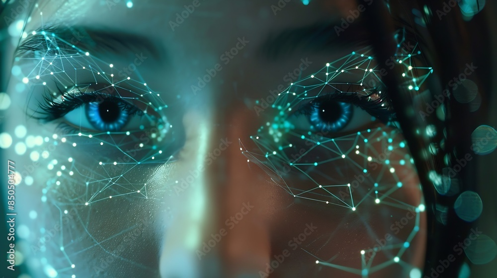 Poster Deepfake  concept Facial tracking detection and recognition technology cyber security system concept : Generative AI