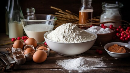 Fototapeta premium Flour in a large bowl with milk, eggs, and spices for baking, displayed on wood