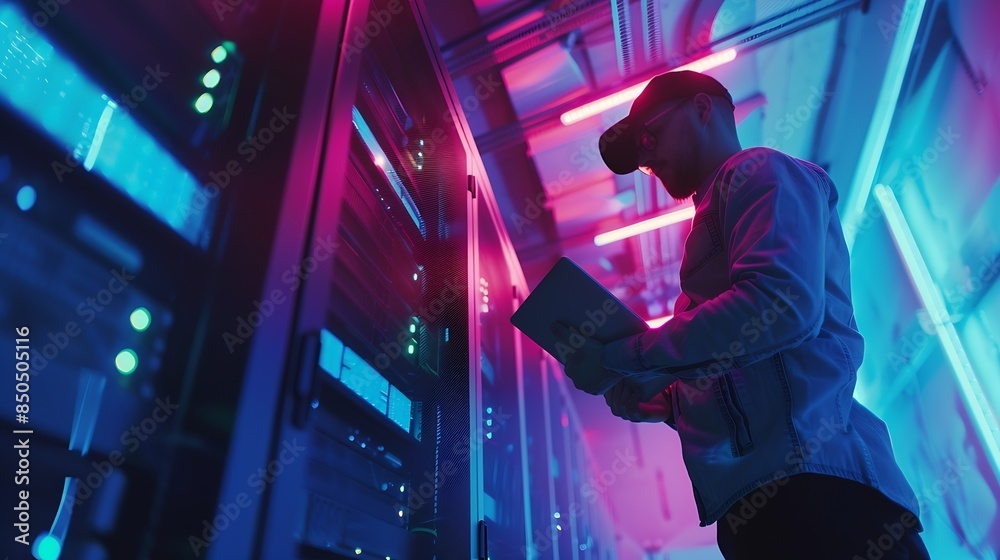 Fototapete Man tablet and server room programming or coding for cybersecurity information technology and data protection backup Happy engineering person on digital software and hardware solution  : Generative AI