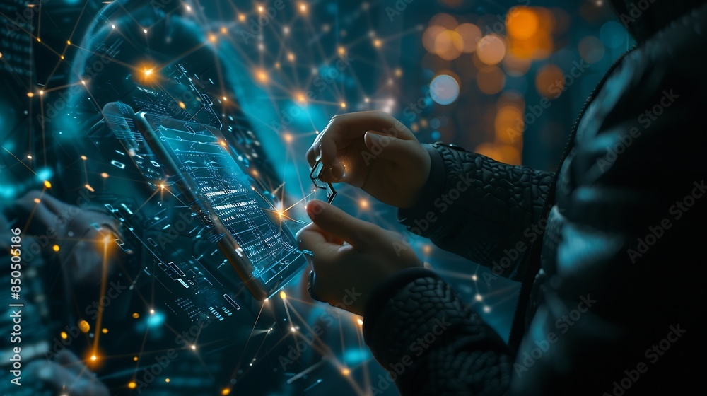Fototapete Cyber security and data protection Businessman using  digital device protecting business data on network connection Security encryption of padlock and cybernetics Smart solution from c : Generative AI