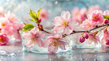 Elegant pink cherry blossoms in bloom frozen in ice, symbolizing renewal and hope, cherry blossoms, pink petals, ice, winter